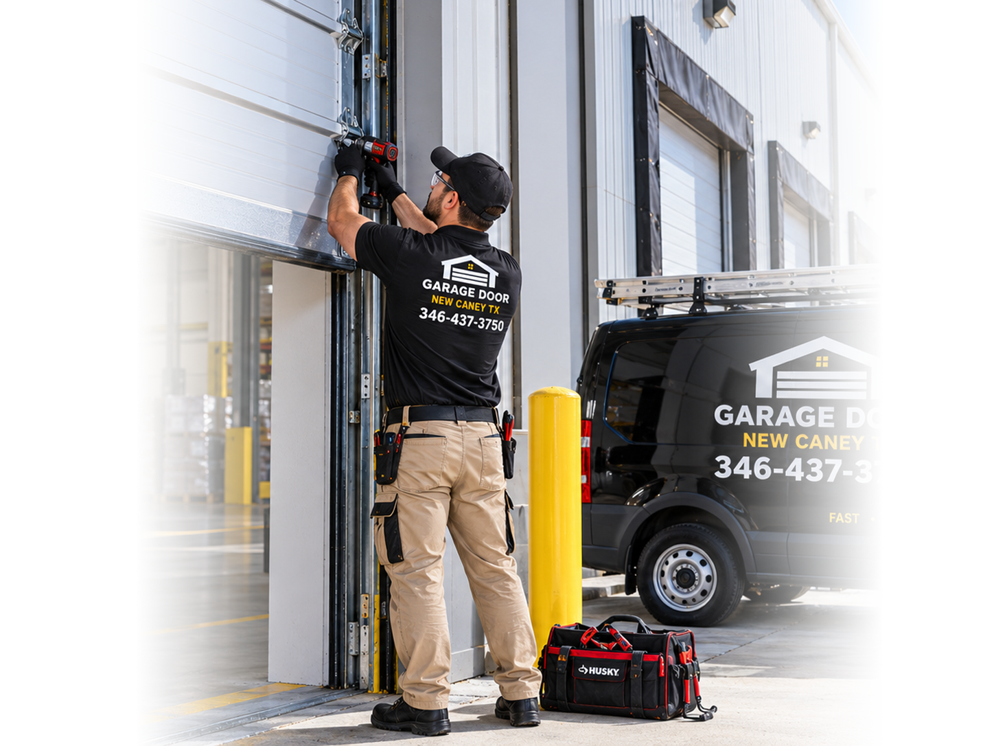 Technician performing garage door opener repair in New Caney TX