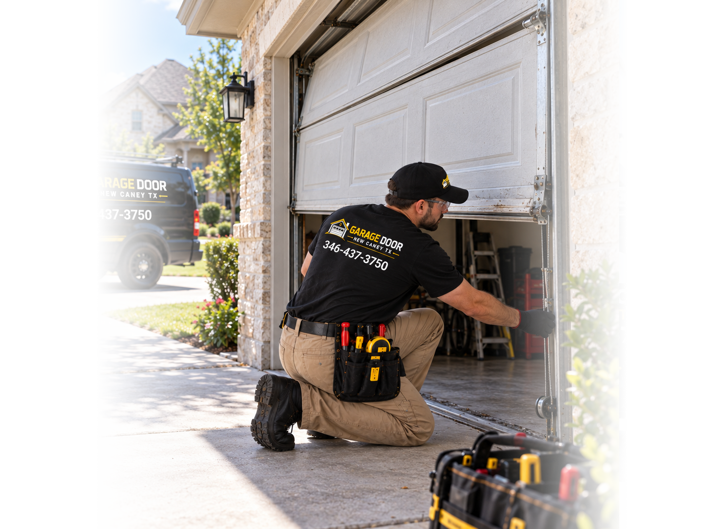 Technician performing garage door opener repair in New Caney TX