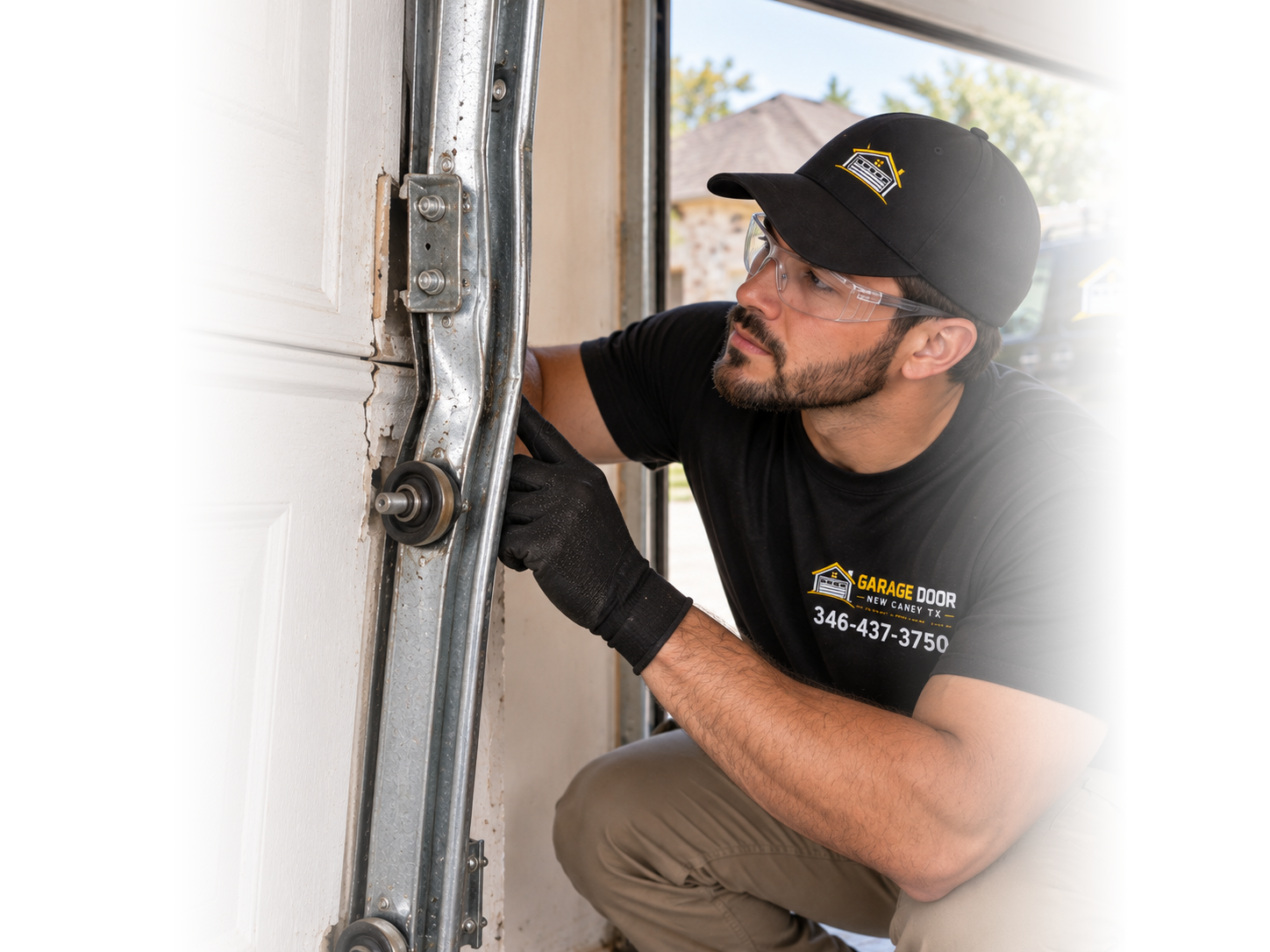 Technician performing garage door opener repair in New Caney TX