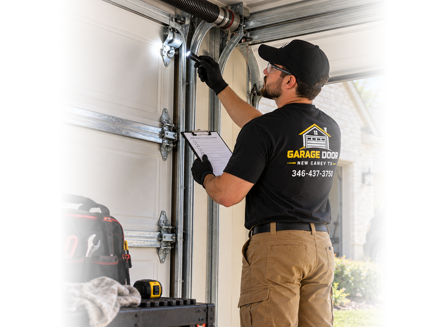 Technician performing garage door opener repair in New Caney TX
