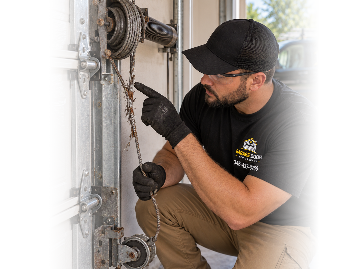 Technician performing garage door opener repair in New Caney TX