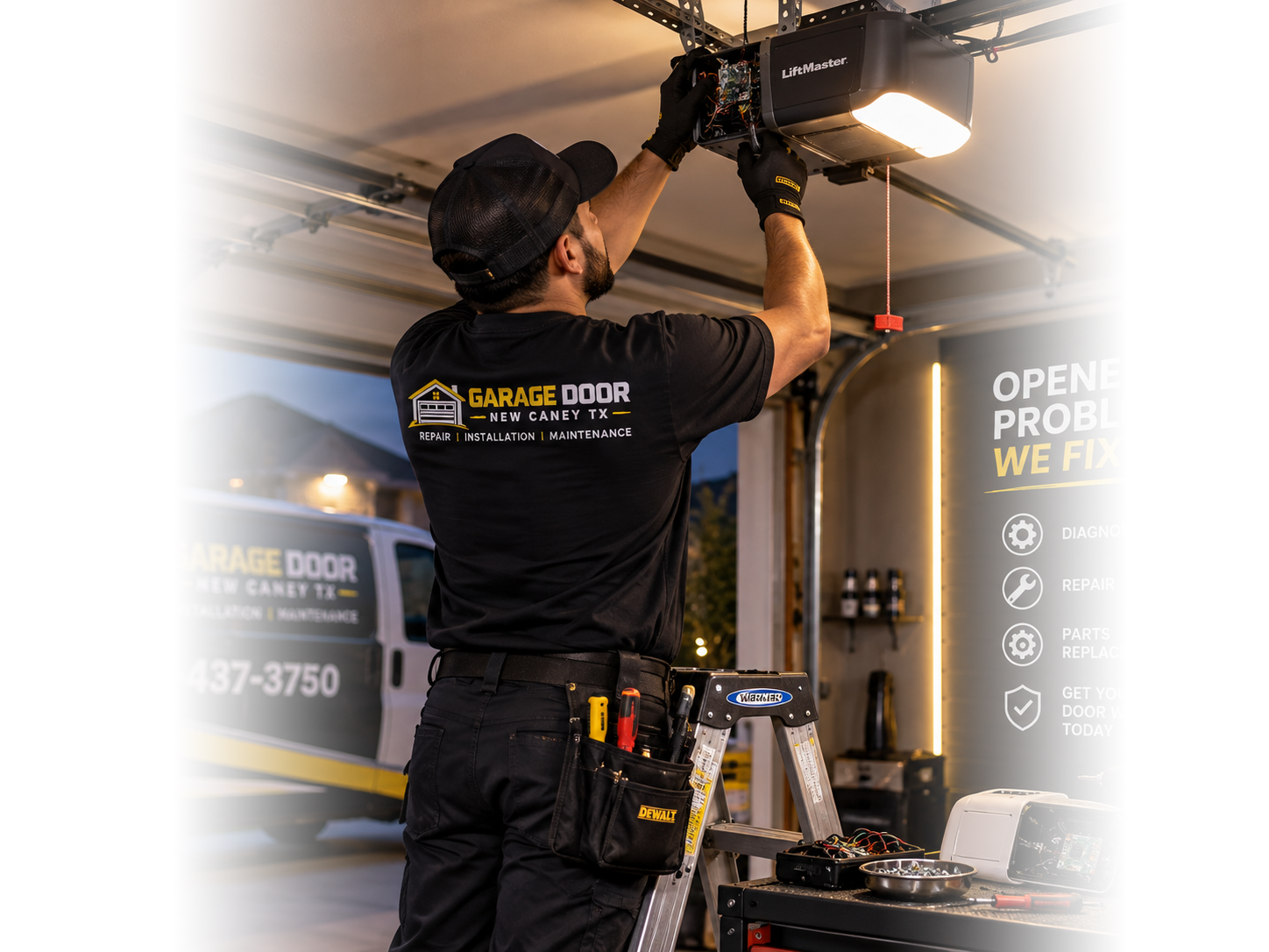 Technician performing garage door opener repair in New Caney TX