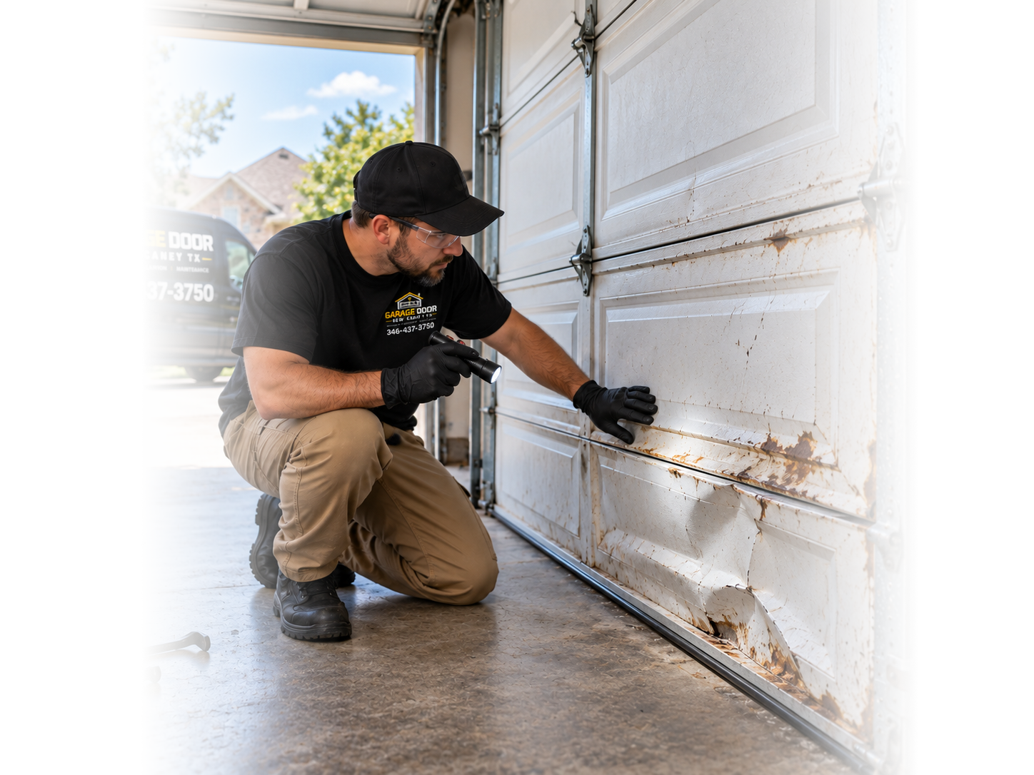 Technician performing garage door opener repair in New Caney TX