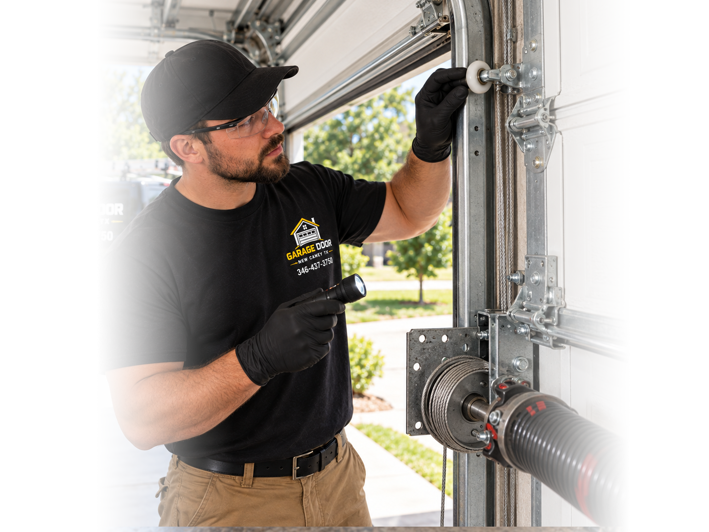 Technician performing garage door opener repair in New Caney TX