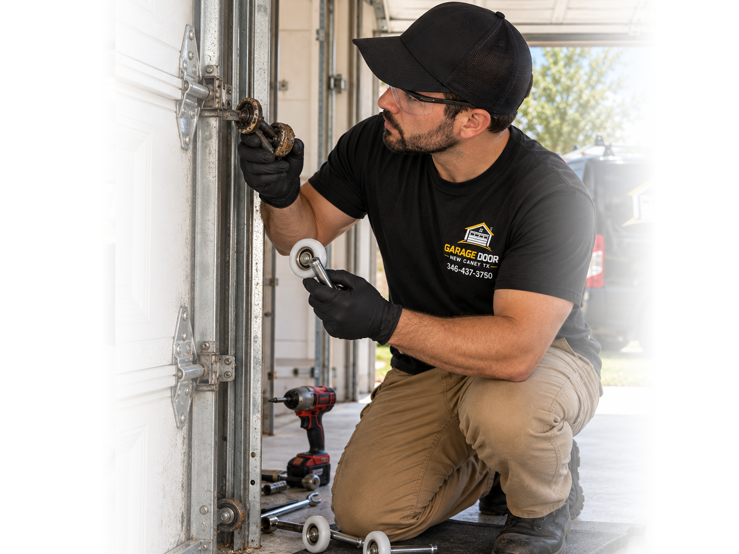 Technician performing garage door opener repair in New Caney TX
