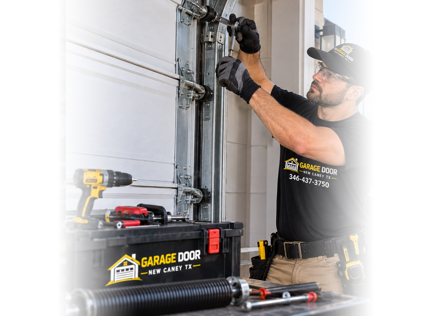 Technician performing garage door opener repair in New Caney TX