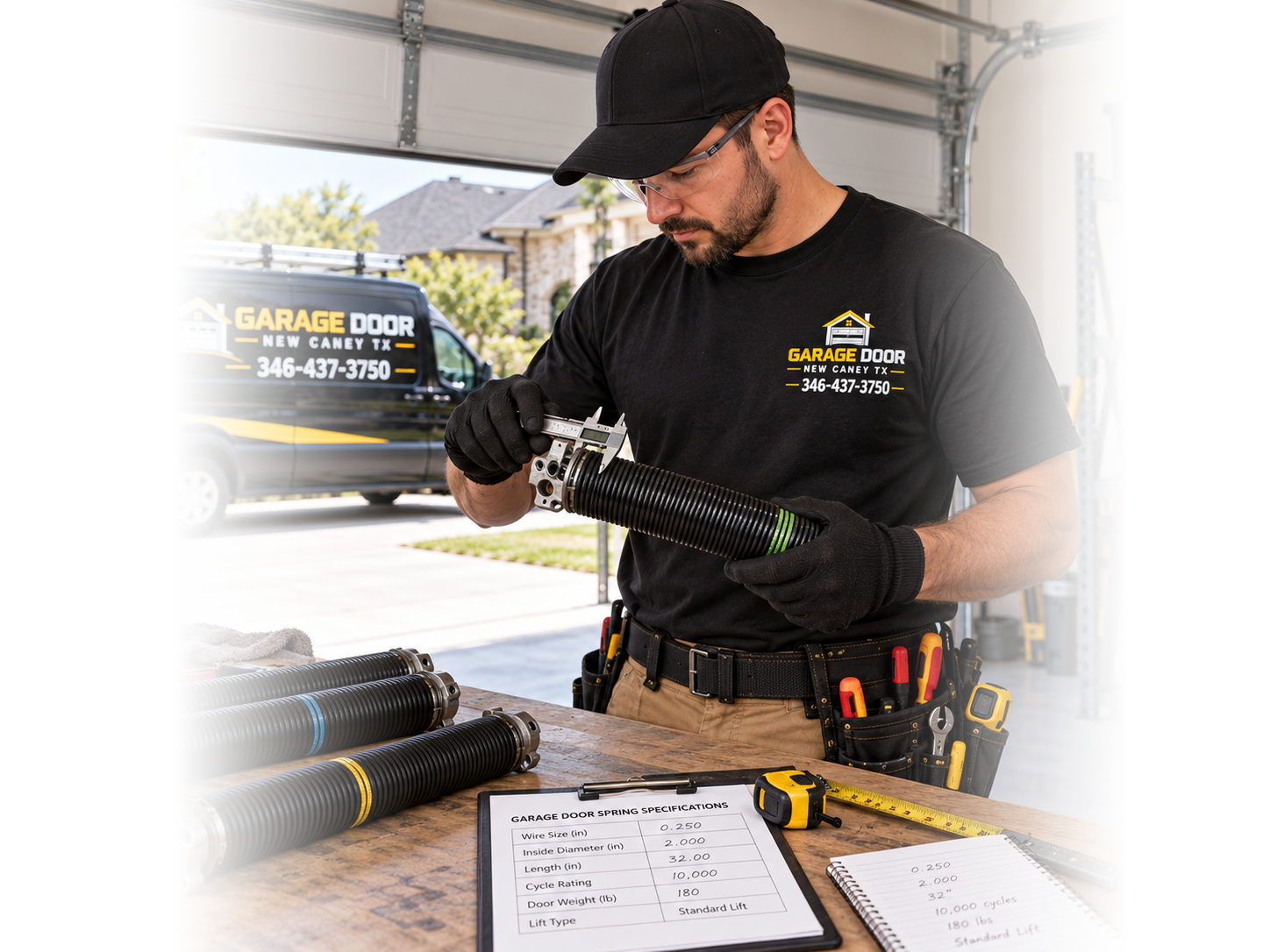 Technician performing garage door opener repair in New Caney TX