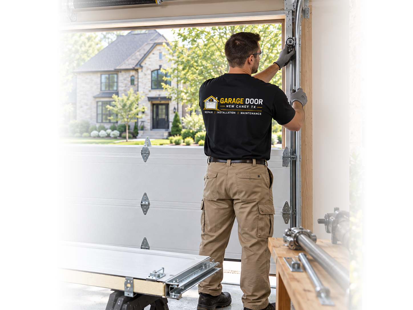 Technician performing garage door opener repair in New Caney TX
